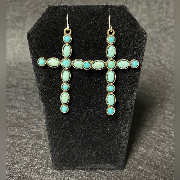 FAUX TURQUOISE CROSS EARRINGS - Picture 1 of 4